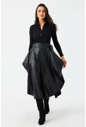 Kadın Siyah Suni Deri Asimetrik Etek MLV180