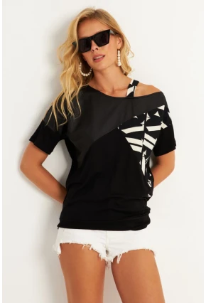 Kadın Siyah Suni Deri Bloklu Bluz ST837