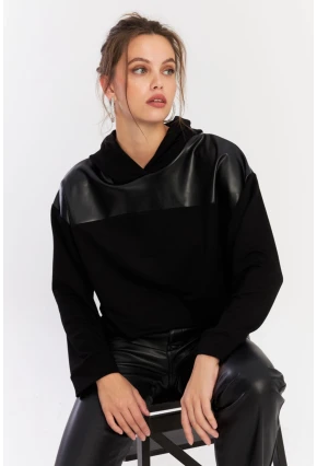 Kadın Siyah Suni Deri Bloklu Kapüşonlu Sweatshirt ST838
