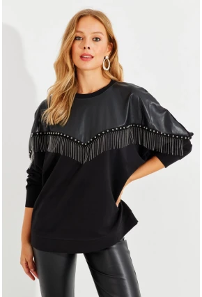 Kadın Siyah Suni Deri Bloklu Sweatshirt PKA806
