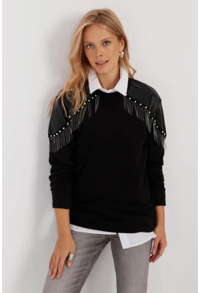 Kadın Siyah Suni Deri Bloklu Sweatshirt PKA807