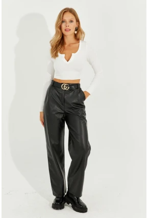 Kadın Siyah Suni Deri Cepli Pantolon RMZ21098