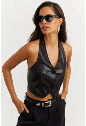 Kadın Siyah Suni Deri Crop Yelek NH41