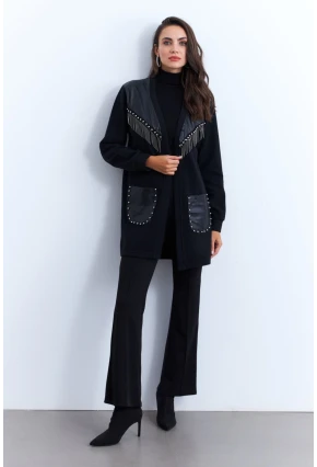 Kadın Siyah Suni Deri Detaylı Zımbalı Hırka MPK809