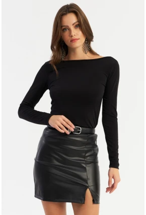 Kadın Siyah Suni Deri Mini Etek FRY2242