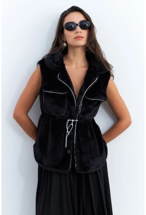 Kadın Siyah Suni Kürk Cepli Yelek MK66