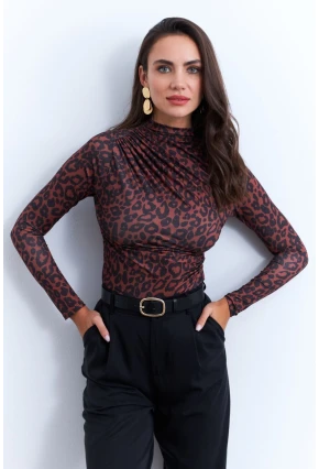 Kadın Siyah-Taba Desenli Büzgülü Bluz LPP1279