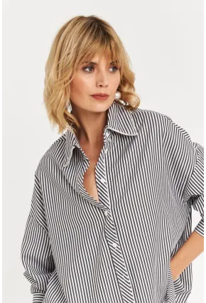 Kadın Siyah Taş Detaylı Çizgili Gömlek KED4088