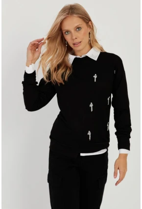 Kadın Siyah Taşlı Bluz ST6024