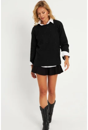 Kadın Siyah Taşlı Bluz YLE41