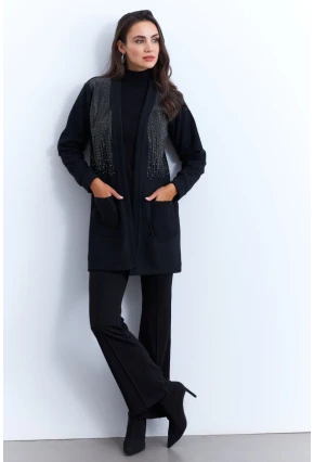 Kadın Siyah Taşlı Cepli Hırka MPK811