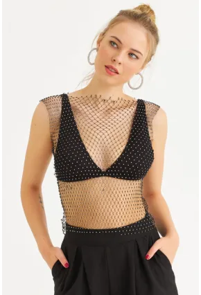 Kadın Siyah Taşlı File Bluz YEL221465