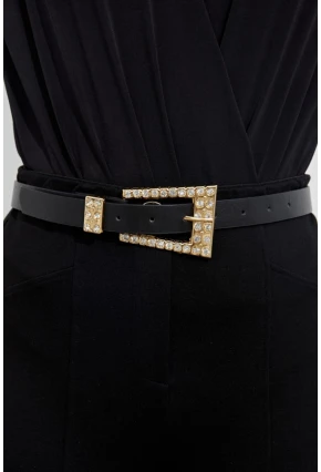 Kadın Siyah Taşlı Gold Tokalı Kemer BE677
