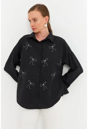Kadın Siyah Taşlı Gömlek MZER426
