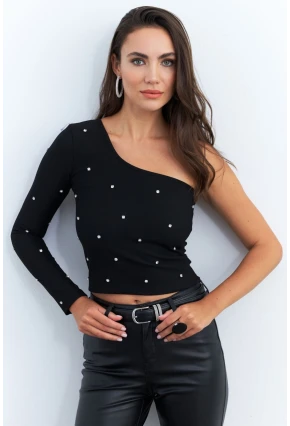 Kadın Siyah Taşlı Tek Kol Crop Bluz HOL2