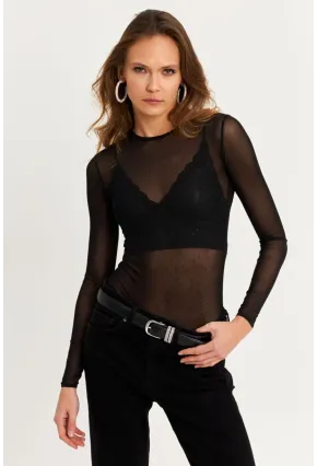 Kadın Siyah Taşlı Tül Body KED2116