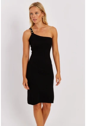 Kadın Siyah Tek Asklı Aksesuarlı Elbise NÇ521
