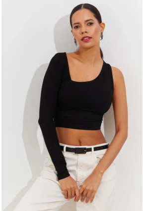 Kadın Siyah Tek Kol Asimetrik Crop Bluz BK1606