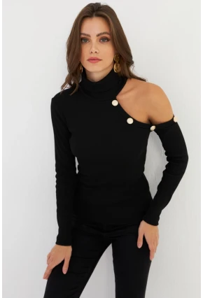 Kadın Siyah Tek Omuz Açık Kaşkorse Balıkçı Bluz EY2947