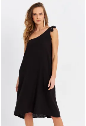 Kadın Siyah Tek Omuz Asimetrik Yaka Midi Elbise PC10813