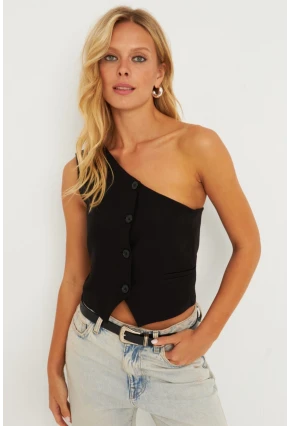 Kadın Siyah Tek Omuz Astarlı Yelek TW60140