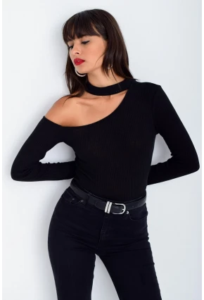 Kadın Siyah Tek Omuz Kaşkorse Bluz CG53
