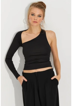 Kadın Siyah Tek Omuz Bluz EY2588