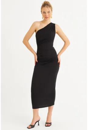 Kadın Siyah Tek Omuz Büzgülü Midi Elbise DMR294-90