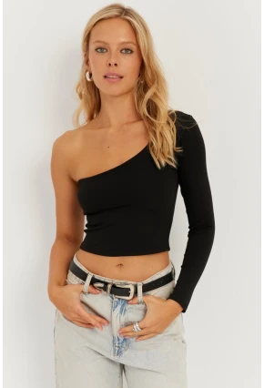 Kadın Siyah Tek Omuz Crop Bluz CY445
