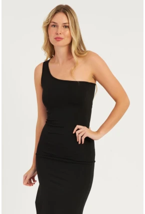 Kadın Siyah Tek Omuz Midi Elbise CG343