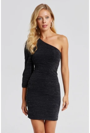 Kadın Siyah Tek Omuz Simli Mini Elbise MON116