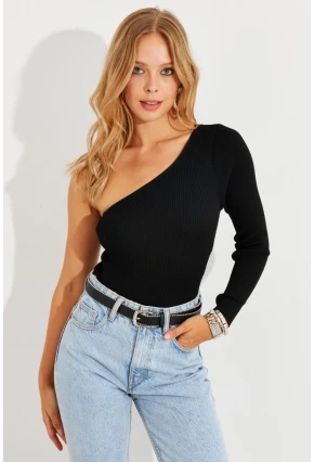Kadın Siyah Tek Omuz Triko Bluz YV204