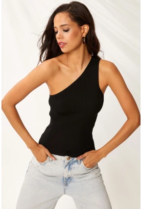 Kadın Siyah Tek Omuz Triko Bluz YV90