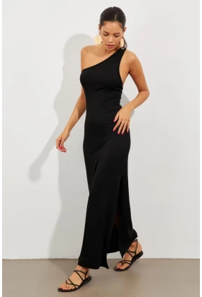 Kadın Siyah Tek Omuz Yırtmaçlı Maxi Elbise EY2498