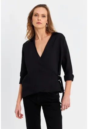 Kadın Siyah Tokalı Kruvaze Gömlek MRS15744