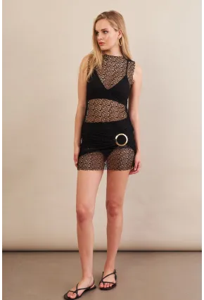 Kadın Siyah Tokalı Mini Dantel Plaj Elbisesi DCF052