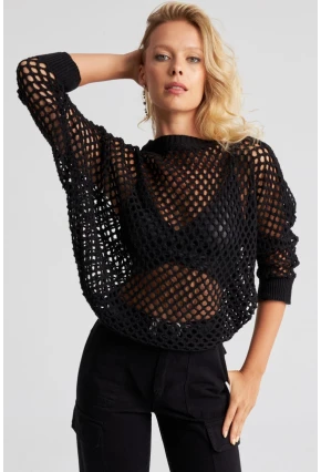 Kadın Siyah Triko File Bluz YV216