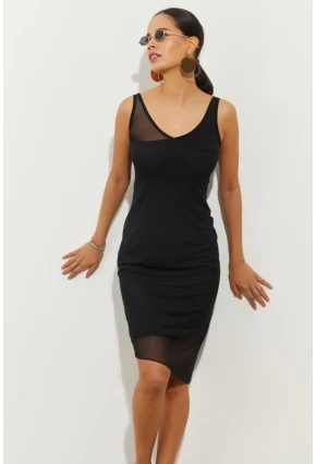 Kadın Siyah Tül Detaylı Asimetrik Mini Elbise B2475