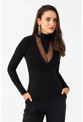 Kadın Siyah Tül Detaylı Bluz EY2977