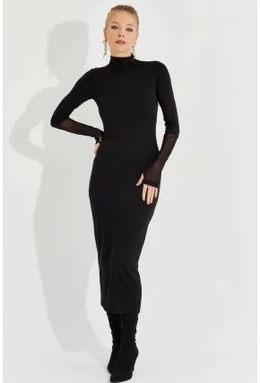 Kadın Siyah Tül Detaylı Eldivenli Midi Elbise MEY2600