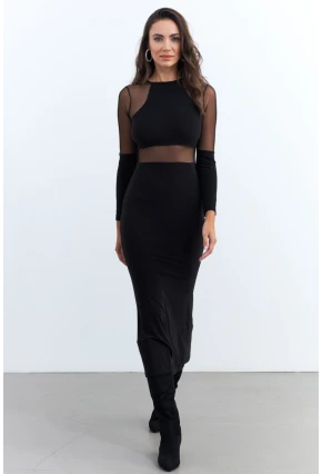 Kadın Siyah Tül Detaylı Midi Elbise ELT3834