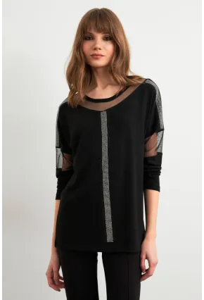 Kadın Siyah Tül Detaylı Taşlı Bluz PRO4050