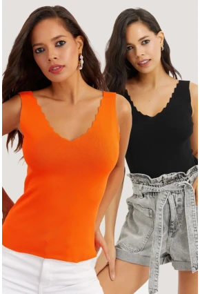 Kadın Siyah-Turuncu İkili Merdiven Yaka Triko Bluz YV123