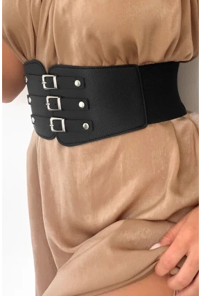 Kadın Siyah Üç Tokalı Lastikli Korse Kemer BE642