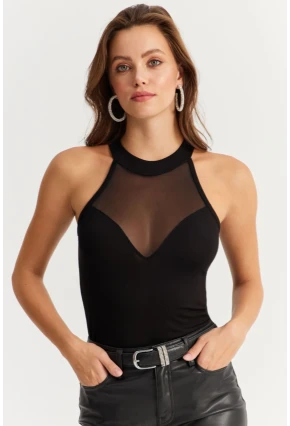 Kadın Siyah Üstü Tül Halter Yaka Bluz EY2922
