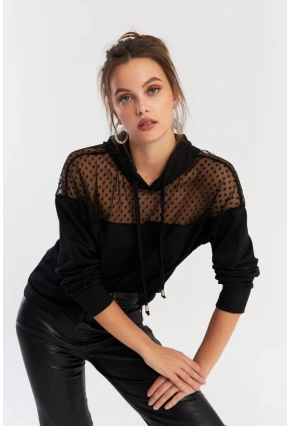 Kadın Siyah Üstü Tül Kapüşonlu Sweatshirt EY2934