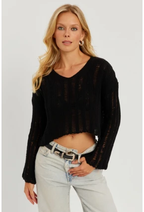 Kadın Siyah V Yaka Ajurlu Triko Bluz YV233