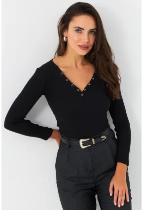 Kadın Siyah V Yaka Çıtçıtlı Kaşkorse Bluz MTF43
