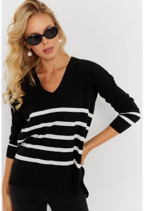 Kadın Siyah V Yaka Çizgili Triko Kazak YİL550