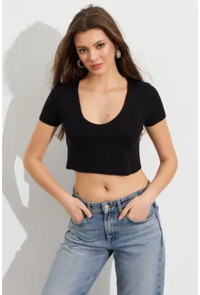 Kadın Siyah V Yaka Crop Bluz TOP101